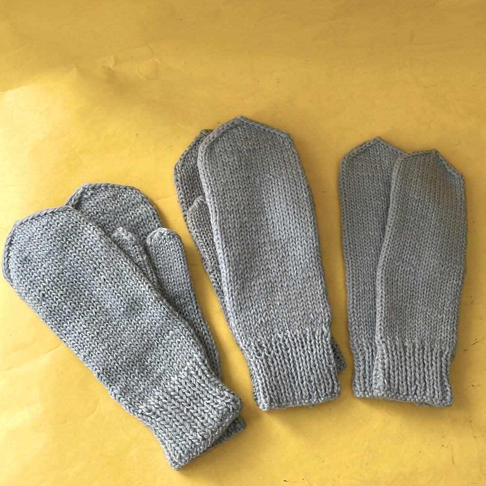 Grayish blue hand knitted wool mittens for family